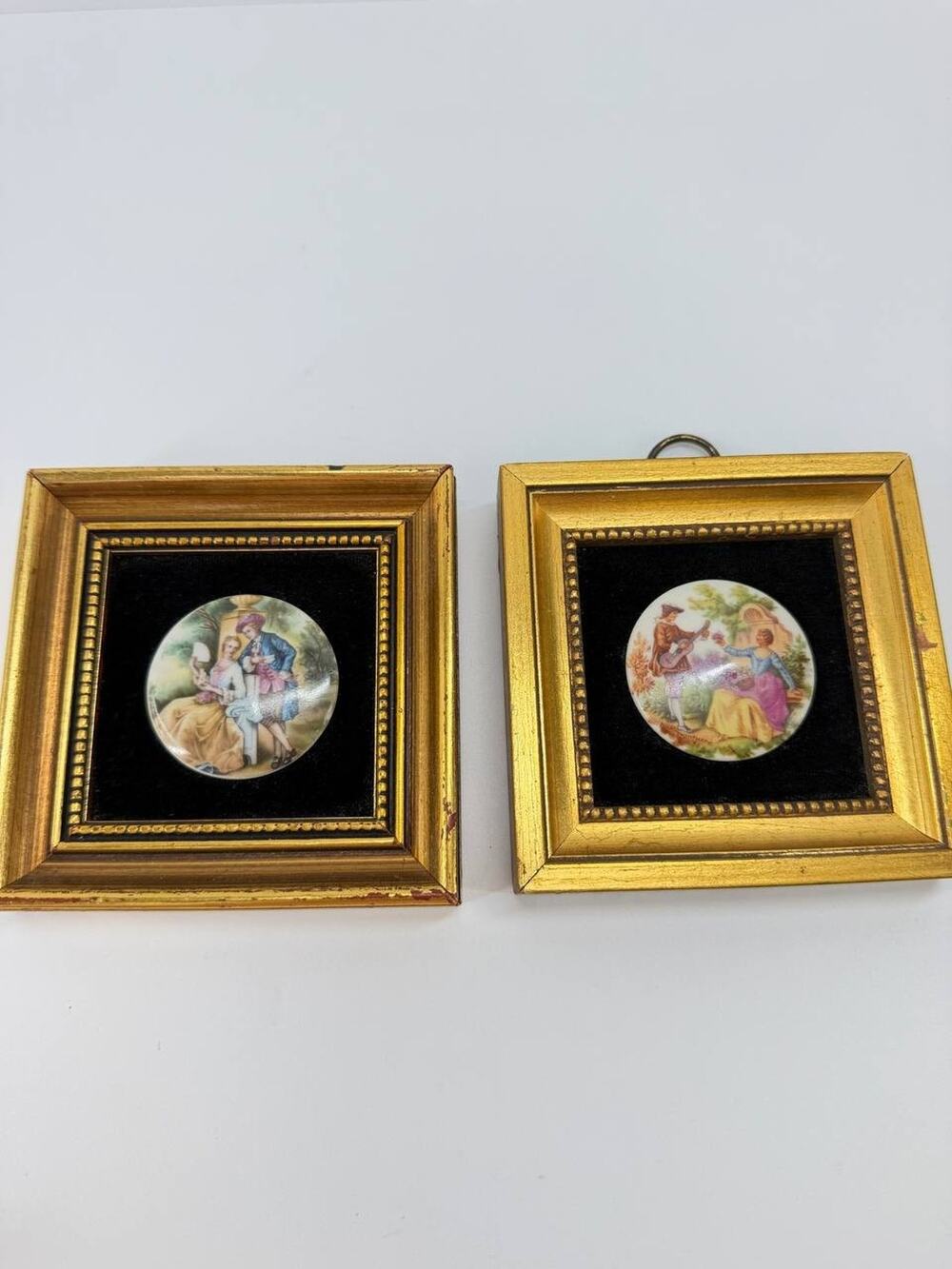 Vintage Fragonard Style Ceramic Courting Couple Wall Plaques Gold Wood Frames